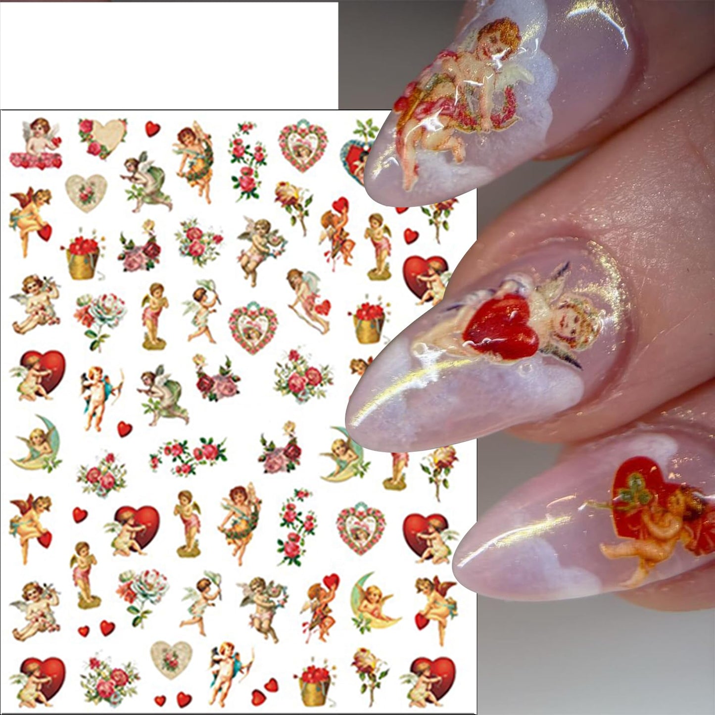 8 Sheets Angel Nail Stickers 3D Self-Adhesive Cupid Nail Art Stickers Decals Rose Flowers Love Heart Wings Nail Art Design Stickers Valentine's Day Nail Decorations for Women Acrylic DIY Manicure