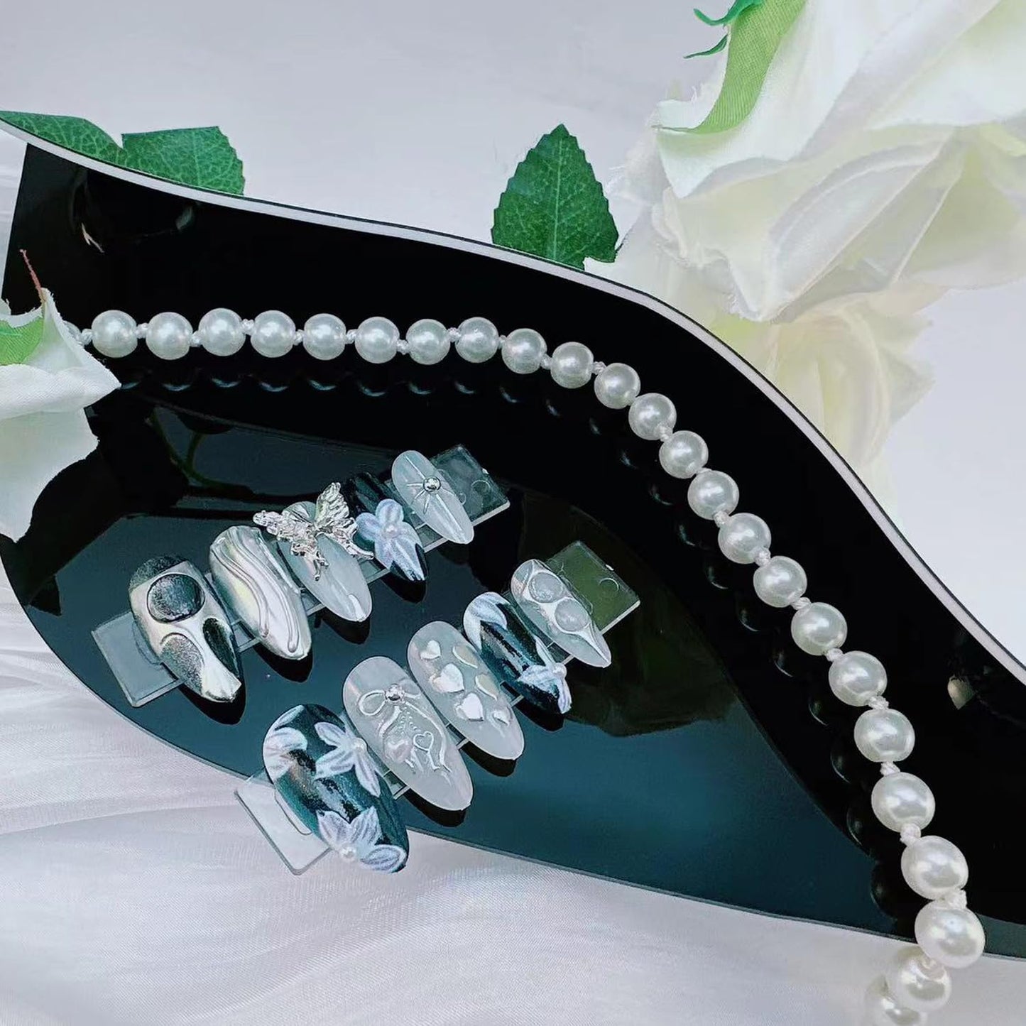 24Pcs Handmade Y2K Press on Nails Almond Fake Nail with 3D Butterfly & Silver Bow Heart Star Irregular Pattern Flower Pearl False Nail Gothic Punk Black Nail Tip French Tip Stick on Nail for Women