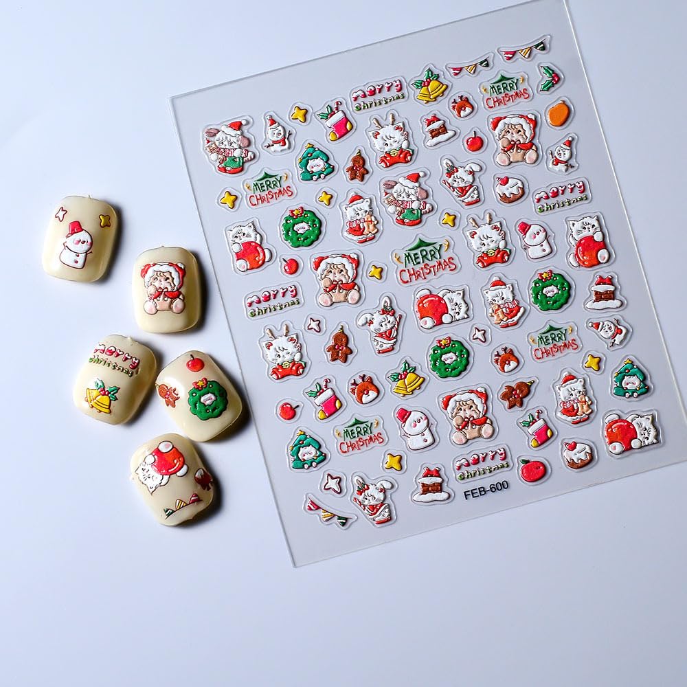 Christmas Nail Art Stickers 5D Embossed Snowman Nail Stickers Self-Adhesive Snowflake Santa Claus Christmas Wreath Nail Decals for Women Girls Winter Holiday Manicure DIY Nail Supplies
