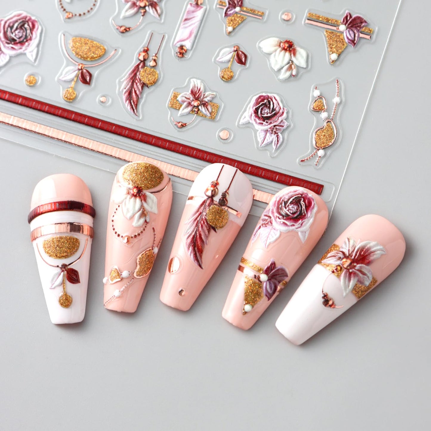 2Sheets 5D Embossed Flower Nail Art Stickers Self-Adhesive Smudge Rose Flowers Feather Nail Decals with Rhinestone Design Nail Sticker Cute Floral French Nail Decal for Women Autumn Winter Nails Decor