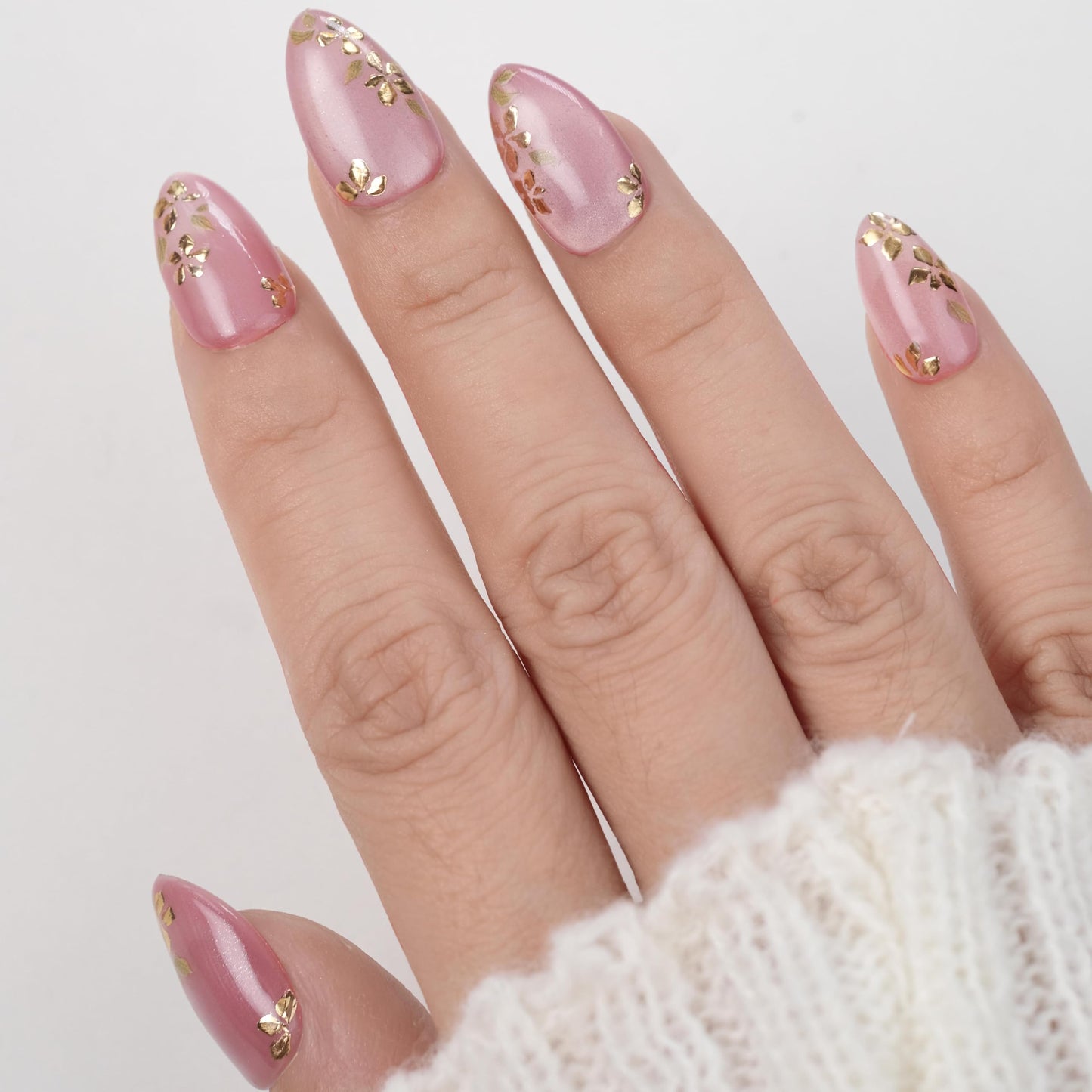 Nailique Press On Nails Short Almond – Handmade Pink Cat Eye Soft Gel with Gold Foil Floral Design, 26pcs Reusable Nail Tips with Glue & Remover, Salon Quality Spring Wedding Manicure for Women