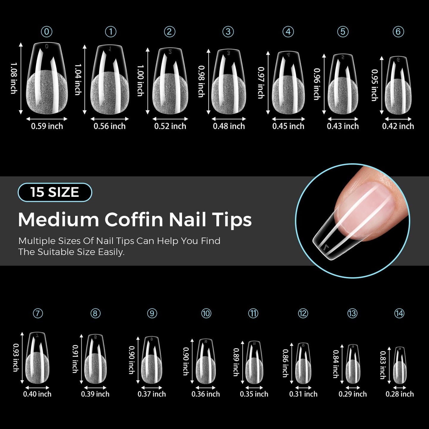TOMICCA Medium Coffin Nails Tips, 240PCS 15 Sizes Pre-Shaped Ultra Half Matte Clear Full Cover Clear Acrylic Nails for DIY Salon, Gel Nail Extension Tips for Beginners & Nail Techs