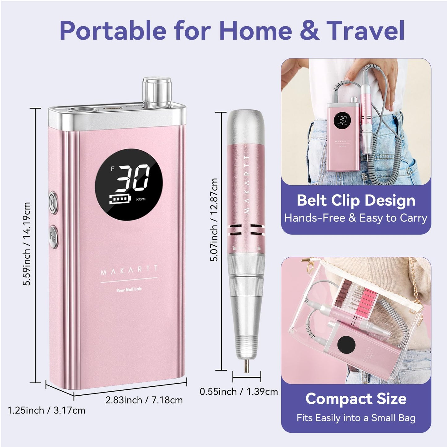 Makartt Cordless Nail Drill 30000RPM - Rechargeable Electric Nail File for Beginners & Pros Ready, Quiet 8H Efile Kit for Acrylic & Gel Removal, 48W Carbon Motor with LCD, Home & Beauty School, Pink