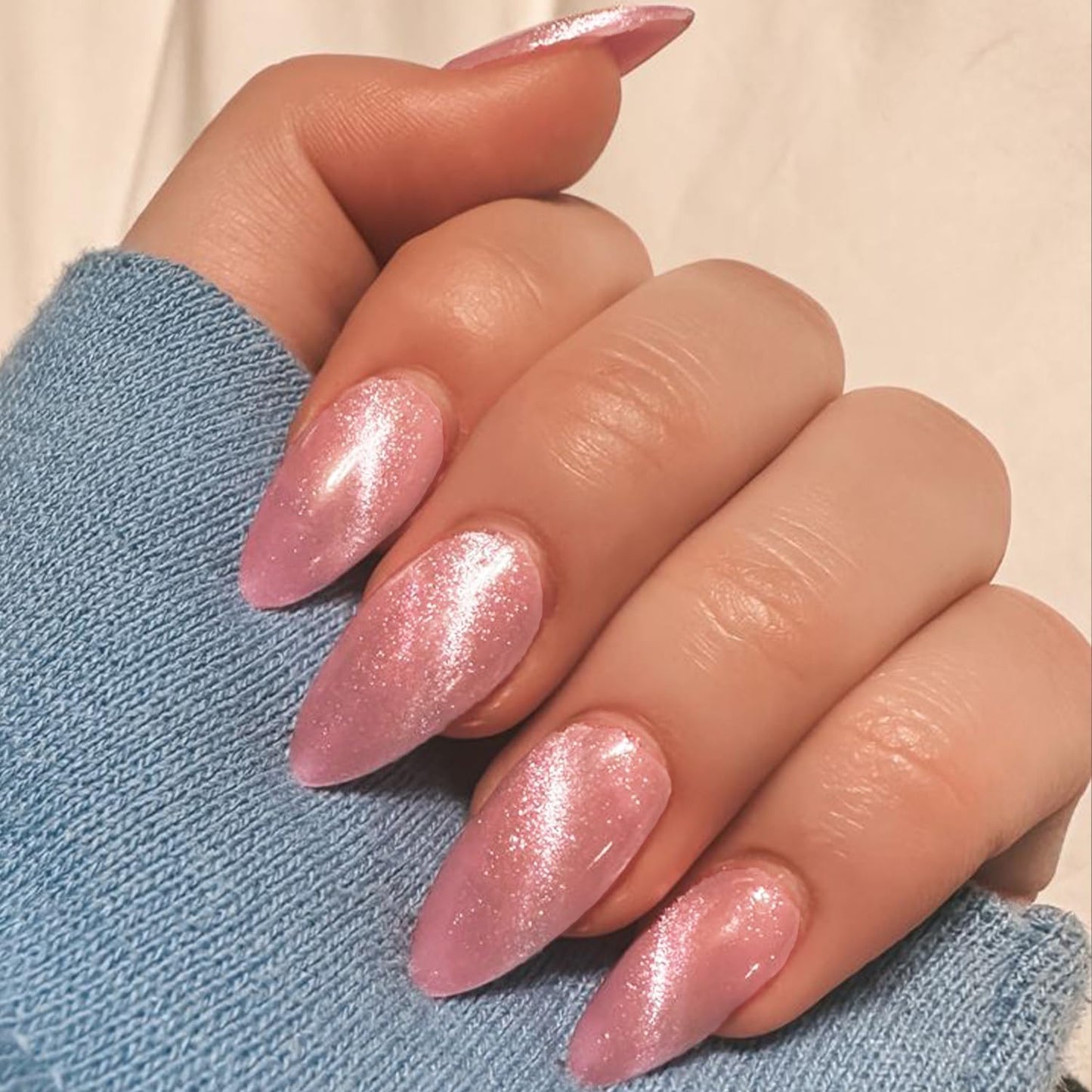 GLAMERMAID Pink Press on Nails Medium Almond, Hamdmade Cat Eyes Jelly Magnet Gel False Nals, Stiletto Shrimmer Glue on Nails Kit for Women, Reusable Short Oval Stick on Acrylic Fake Nails Manicure Set