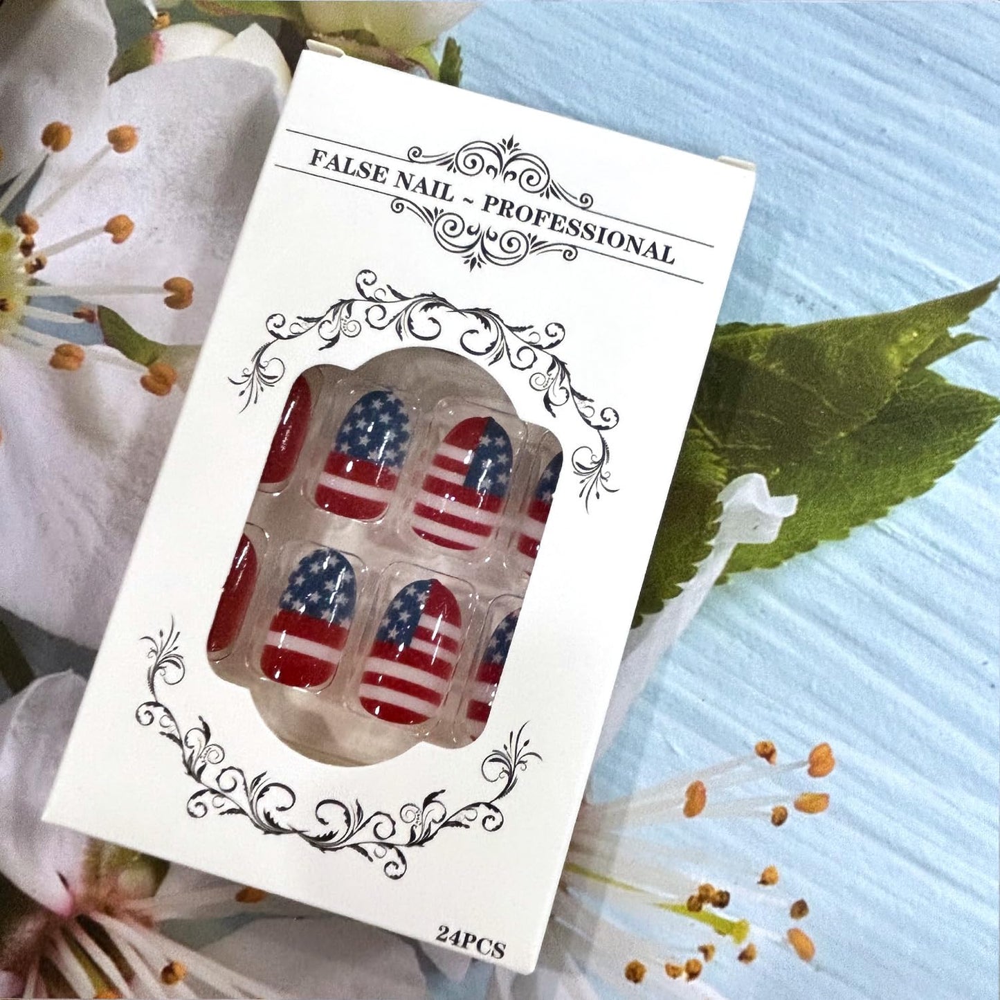 24Pcs Independence Day Press on Nails Short Oval Shaped Star Patriotic Fake Nail USA Flag Red White Stripes Pattern Design 4th of July Glossy Artificial Fingernails Holiday Glue on Nails for Women