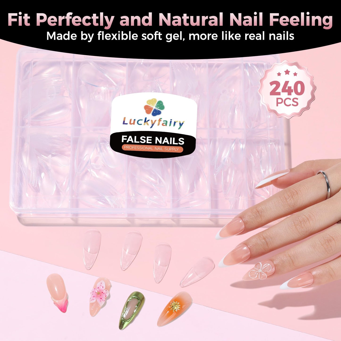 Luckyfairy Medium Stiletto Nail Tips: 240 Pcs Full Cover Almond Shape False Nail Acrylic Soft Gel Nails Tips Clear Stiletto Press on Tips Pre-buffed for Nail Art Extension Salon Home DIY 12 Sizes