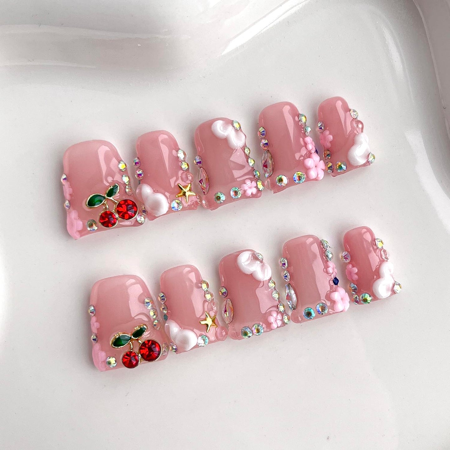 Handmade Press on Nails Short Duck French Tip Thick Acrylic Fake Nails 3D Floral False Nails with Cherry Rhinestones Charms Designs Nude Pink Sturdy Nail Art Press on Nails 10Pcs(S)
