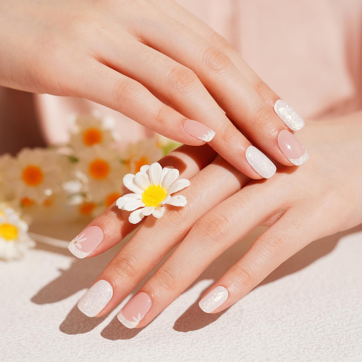 DANNI & TONI Semi Cured Gel Nail Strips Flowers French Aurora Gel Nail Wraps 28 Stickers | Floral Swirl