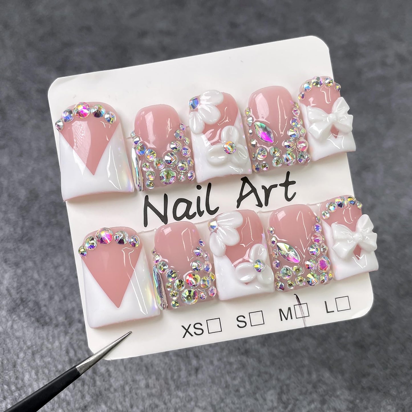 10Pcs Short Duck Press on Nails Handmade Fake Nails French Tip False Nails with 3D Flower Bow Rhinestone Design Handmade Acrylic Nails Press ons Spring Summer Flower Stick on Nail for Women (M)