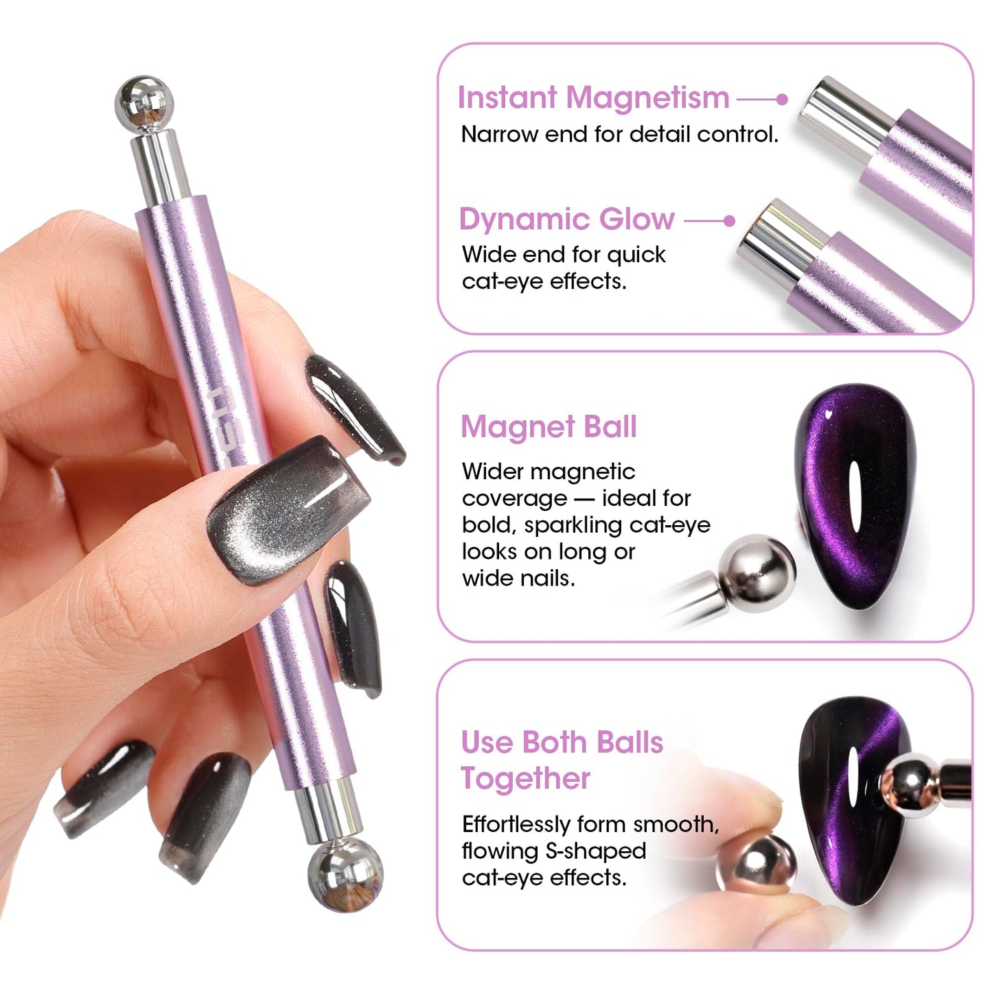Gellen Cat Eye Magnet for Nails, Strong Magnetic Nail Magnet Set with Double Ended Magnet Pen, 8mm 10mm Ball Magnets, French Tip Cat Eye Guide Plate, Bunny & Heart Design Plates for Gel Nail Polish