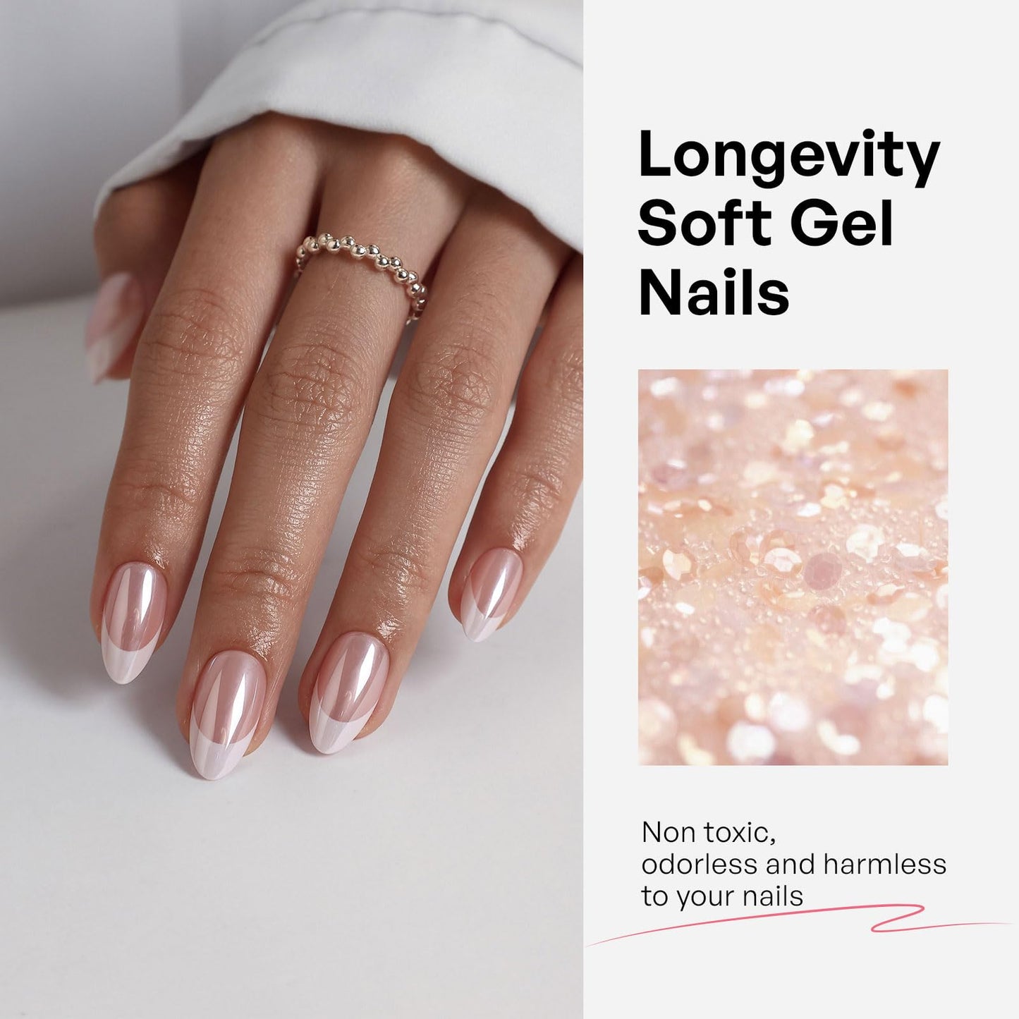Pink Chrome French Tip Press On Nails - GJZEZ Soft Gel Short Almond Cute Spring Glazed Donut Aurora Pearlescent Fake Nail Gifts for Bridal, Salon Quality Reusable Nail | 16 Sizes - 32 pcs, Blush Glow