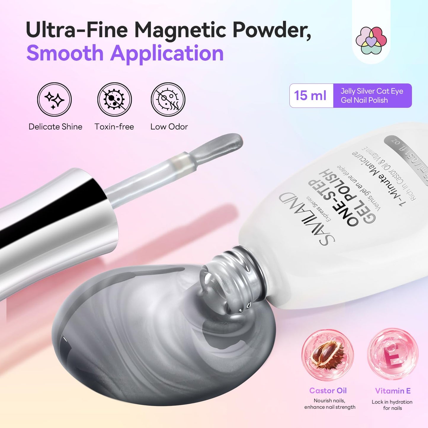 SAVILAND Glassy Cat Eye One-Step Gel Polish Kit: 5-In-1 Jelly Silver Magnetic Gel Nail Polish with Fast Curing Mini U V Nail Lamp Magnet CatEye Nails Home Easy To Use Women Gift 15ML Travel