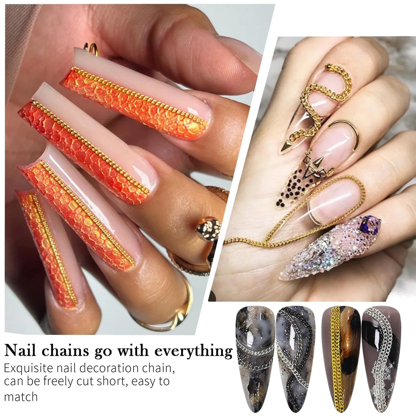 JERCLITY 4 Packs of 24 Strips Nail Chains for Nail Art Gold Silver Black Multi-color Alloy Metal Nail Art Chains Gold Nail Charms Silver Nail Charms Punk Accessories for Women