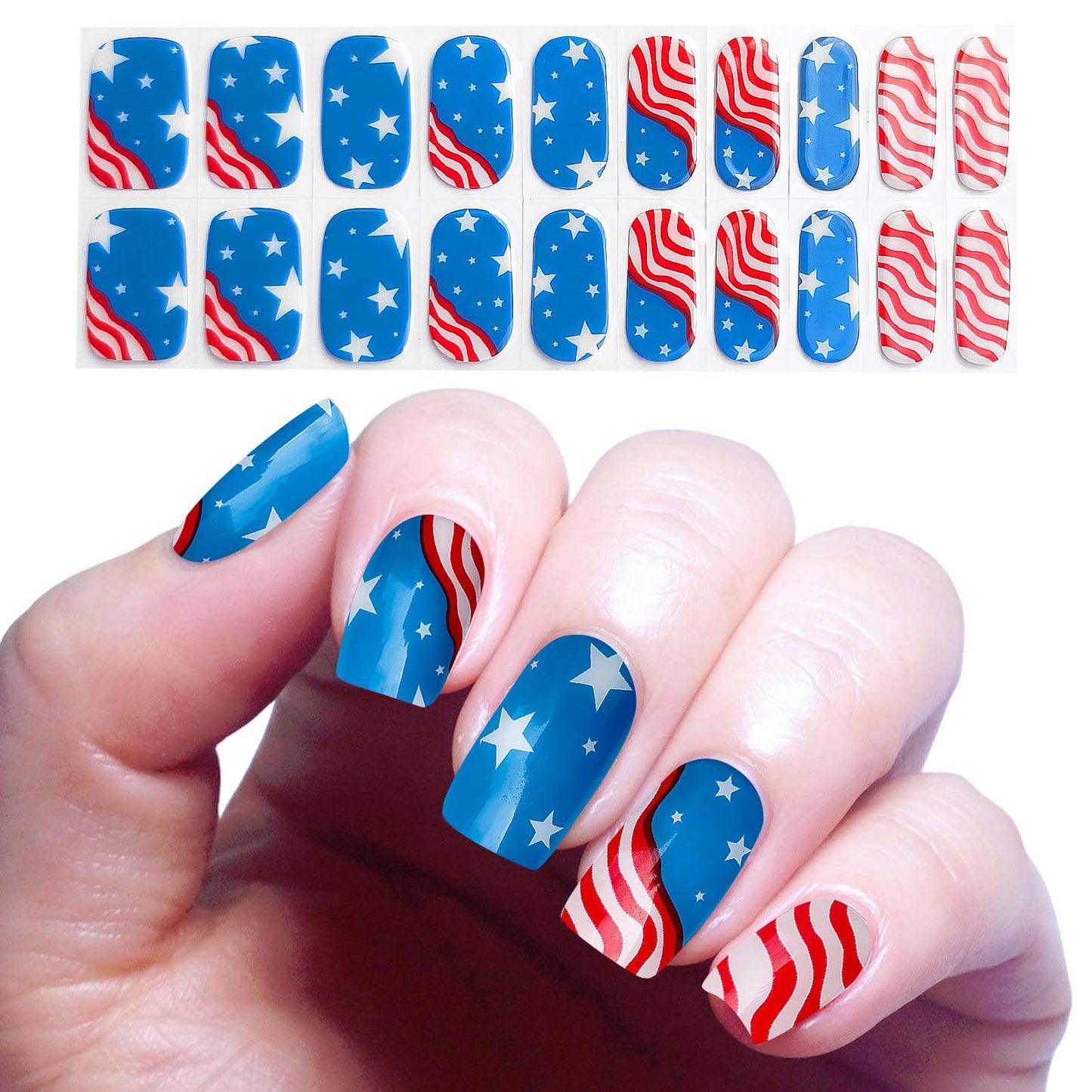 YIZHUO Patriotic Semi-Cured Gel Nail Strips Kit - 4th of July Nail Art Designs with 20 Salon-Quality Stickers, Easy DIY Manicure at Home, UV/LED Lamp Required, Red White and Blue