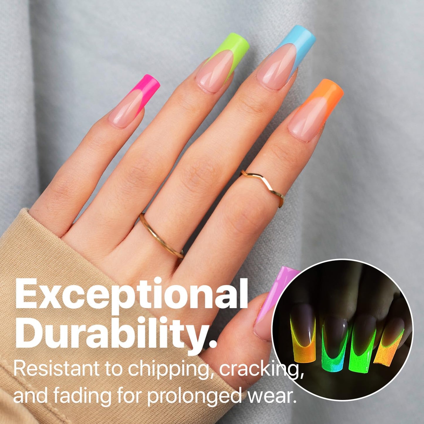 SXC Cosmetics X-Pro Tips French Tip Press On Nails - Bright Pastel Glow in the Dark Series (GLOW117-M Square)