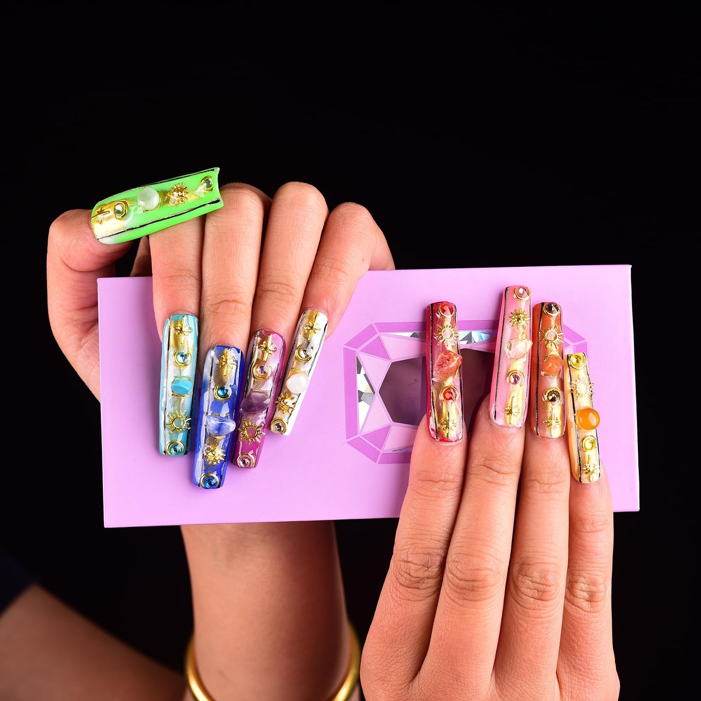 Tmani 10pc/set Long Handmade Press On Nail Hot Girl's Long Nails Ten Kinds of Natural Crystal Stone Decoration Fake Nails Suitable For Girls Festival Parties and Birthday Gift(444,M)