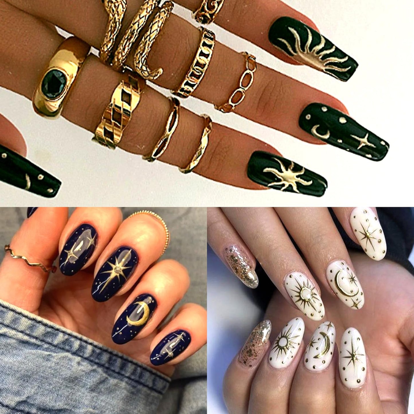 8 Sheets Gold Plastic Nail Art Stickers Decals, Star Moon Sun Designs, 3D Self-Adhesive Eyes Snake Nail Stickers for Women Girls DIY Manicure Decorations