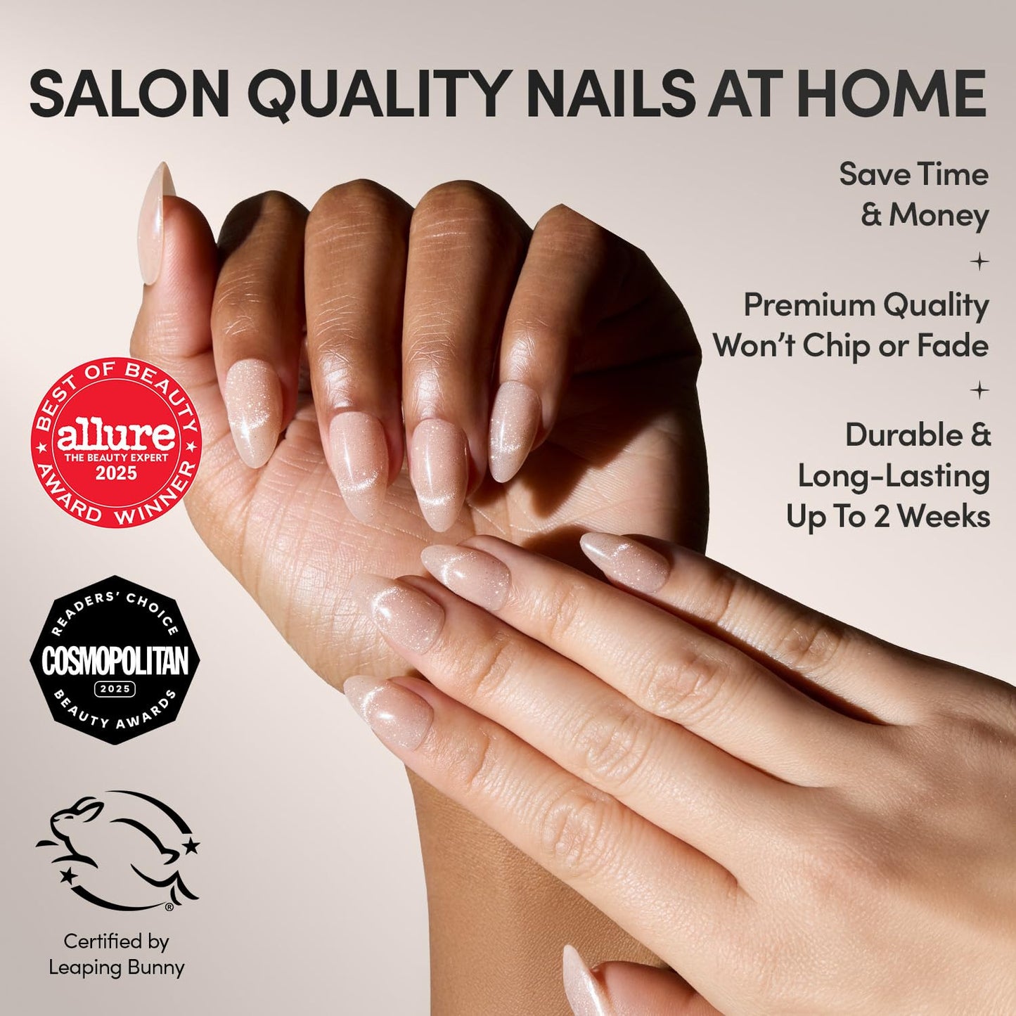 Glamnetic x GLAMZILLA Press On Nails - NOT YOUR CINDER-ELLA | Short Almond Nude Fake Nails with Velvet French Tip Effect, Salon Quality Wedding Nails | 15 Sizes - 30 Nail Kit with Glue