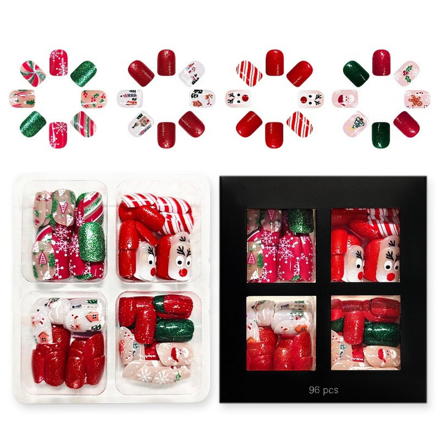 Christmas Press on Nails Kit 96 Pcs Short Square Fake Nails 4 Style Cute False Nails with Reindeer Snowflake Xmas Tree Glitter Designs Red Glossy Glue on Nail Winter Acrylic Nails for Women Girls
