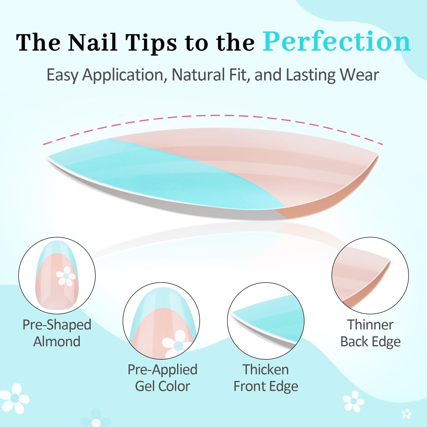 Qiek 16 Sizes Press on Nails Kit for Kids - 32 Pieces French Almond Fake Nail Tips for Girls 8-12 Years Old with Jelly Nail Adhesives & No-Lamp Nail Glue, Birthday Gifts(Blue French Flower)