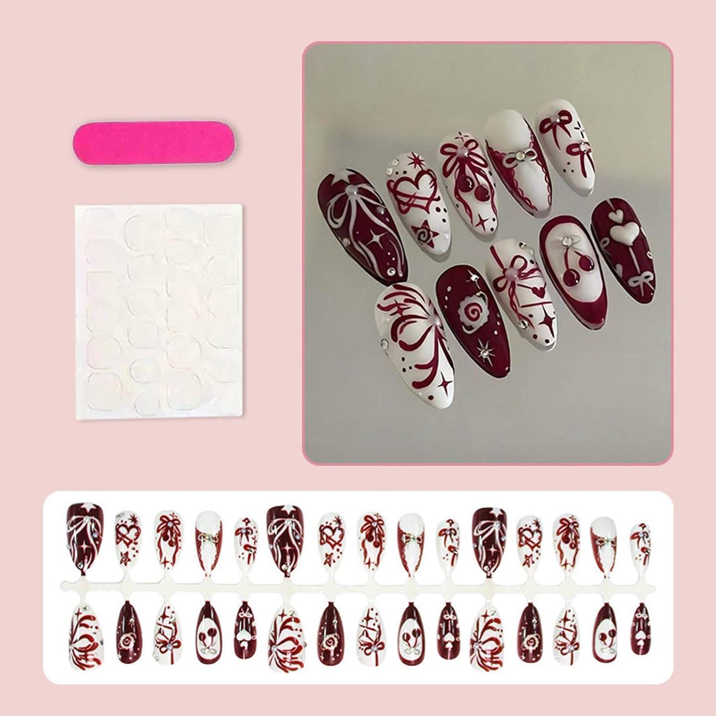 30Pcs Medium Almond Press on Nails Cute Bow Cherry Design Rhinestone Fake Nails Heart Star Stick on Nails Red Full Cover Glossy Reusable Artificial Acrylic Nails Valentine's for Women DIY Decor