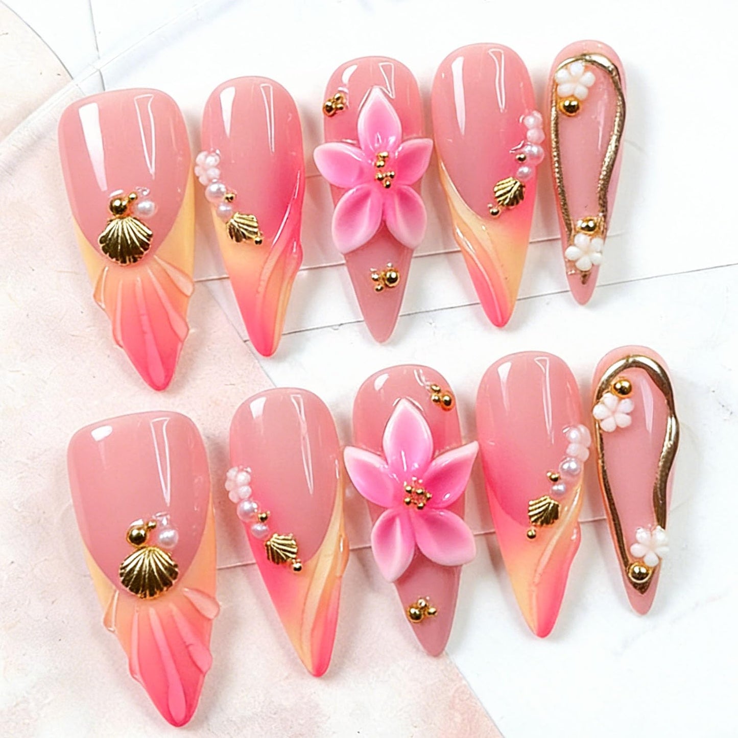 10 Pcs Handmade Press on Nails Long Stilettos Fake Nails with 3D Flowers French Tip Design Pink Acrylic False Nails Stiletto Press Ons Nails for Women Wedding Manicure - M Size