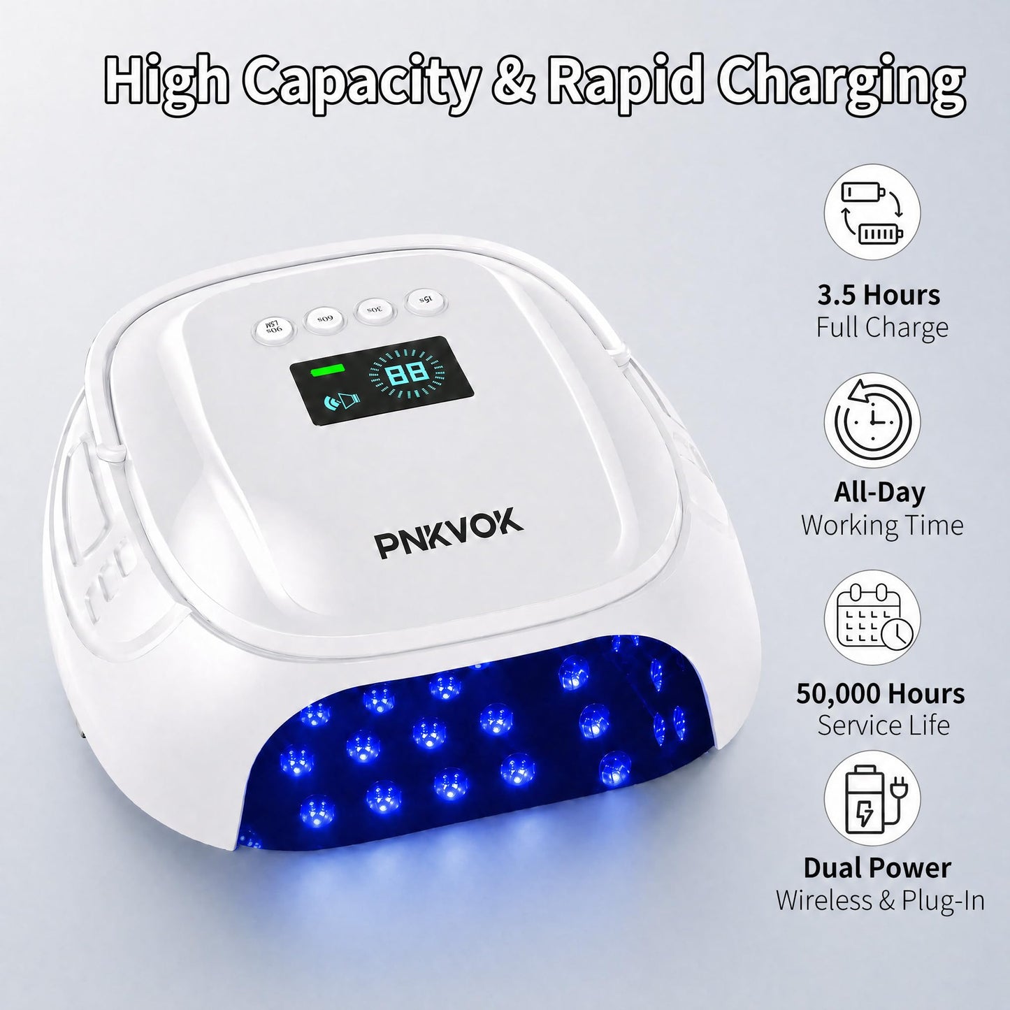 PNKVOK 126W Rechargeable UV LED Nail Lamp, Nail Dryer for Gel Polish UV Light for Nails Handle and Foot Rest, Fast Curing Gel Nail Dryer with 4 Timers for Salon and Home (White)
