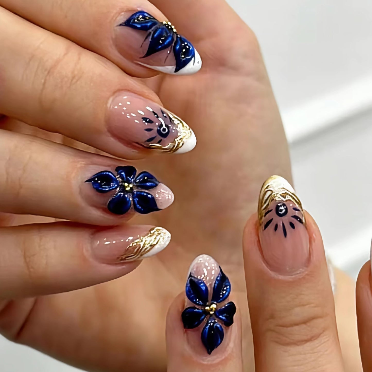 BABALAL Press On Nails, Medium Almond Fake Nails, 3d Blue Floral & Gold Chrome, White French Tip, Glossy Full Cover Glue On Nails For Women And Girls 24Pcs