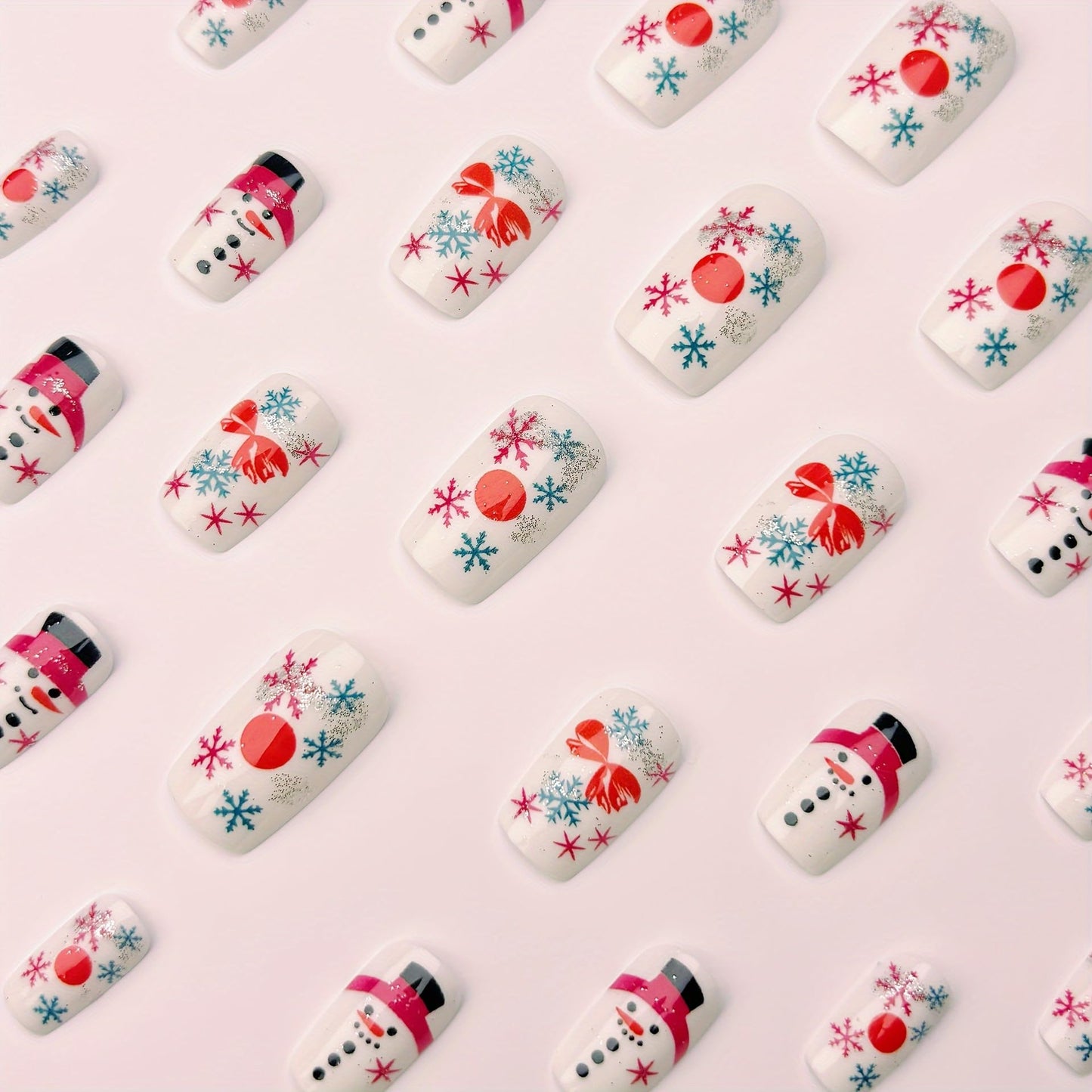 Christmas Press on Nails Medium Square Fake Nails Cute Snowman Bow False Nail with Snowflake Glitter Christmas Glue on Nail Full Cover Glossy Stick on Nail for Women Girls