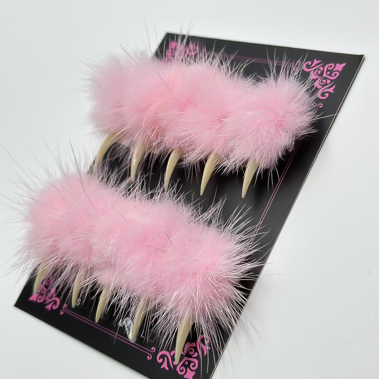 Halloween Press on Nails Luxury Medium Stiletto Handmade Eagle Claw Unique Reusable ABS Material Curved Fake Nails Dragon Cat Claw False Nails with Pink Fur Glossy Glue on Nail Thick Acrylic Nail(M)