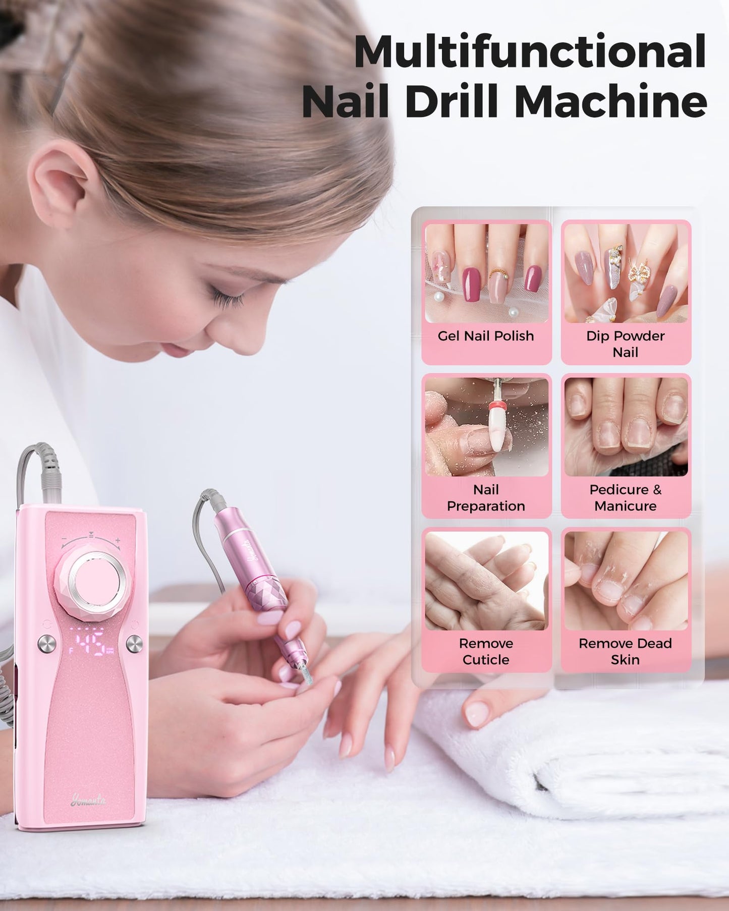 Electric Nail Drill Professional Kit: 45,000 RPM USB Rechargeable Efile Nail Drill Nail File with 12 Bits for Polishing Gel/Acrylic Nails- Portable Manicure Tool Set for Salon/Home-Pink
