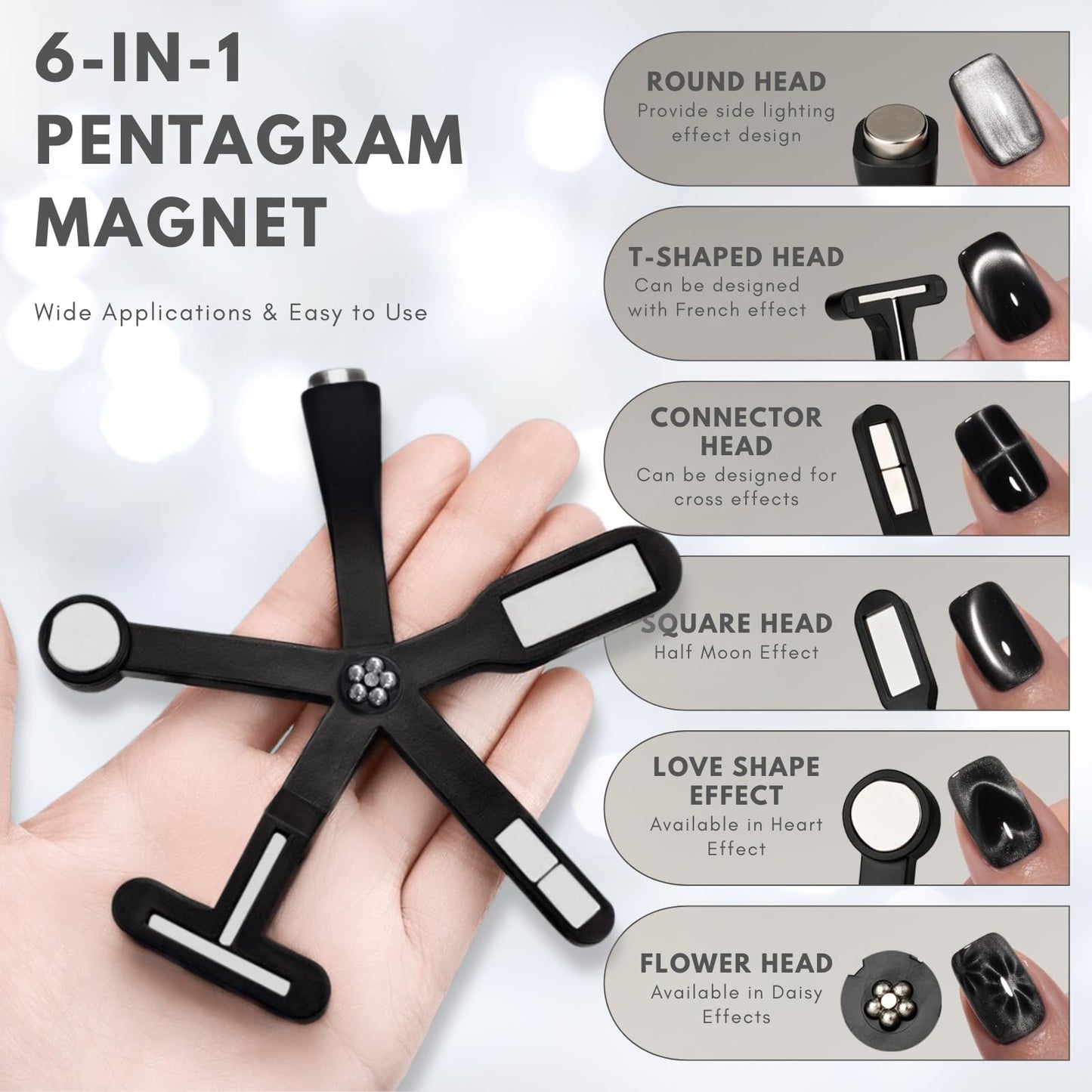 Nail Polish Magnet, 6-in-1 Cat Eye Magnet Kit for Nails, 3-in-1 Nail Polish Magnet Nail Art Tools with 5 Magic Design Plates, For Home DIY & Salon Use, Create Salon Looks Easily (Black)