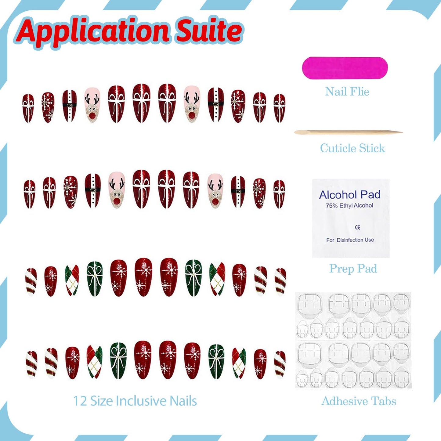 Christmas Press on Nails Kit 48 Pcs Medium Almond Fake Nails 2 Style False Nails with Bow Snowflake Reindeer Glitter Designs Glossy Glue on Nail Winter Acrylic Nails for Women Girls