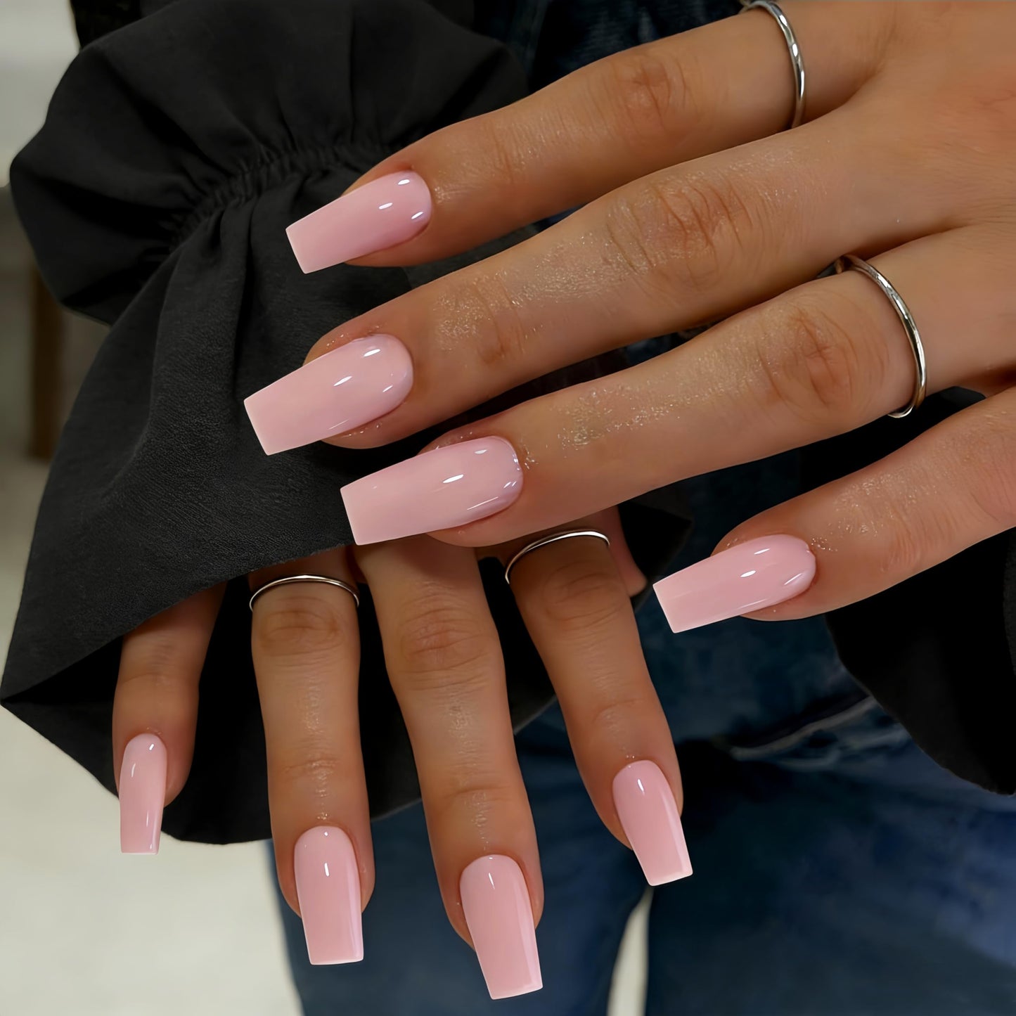 SXVME Press On Nails Long Square - Light Pink Press on Nails with Glue for Women, Natural Simple Fake Nails Press ons Medium, Glossy Soft Gel Glue on Nails Coffin, Reusable Nail Stick Ons, 24 Pcs