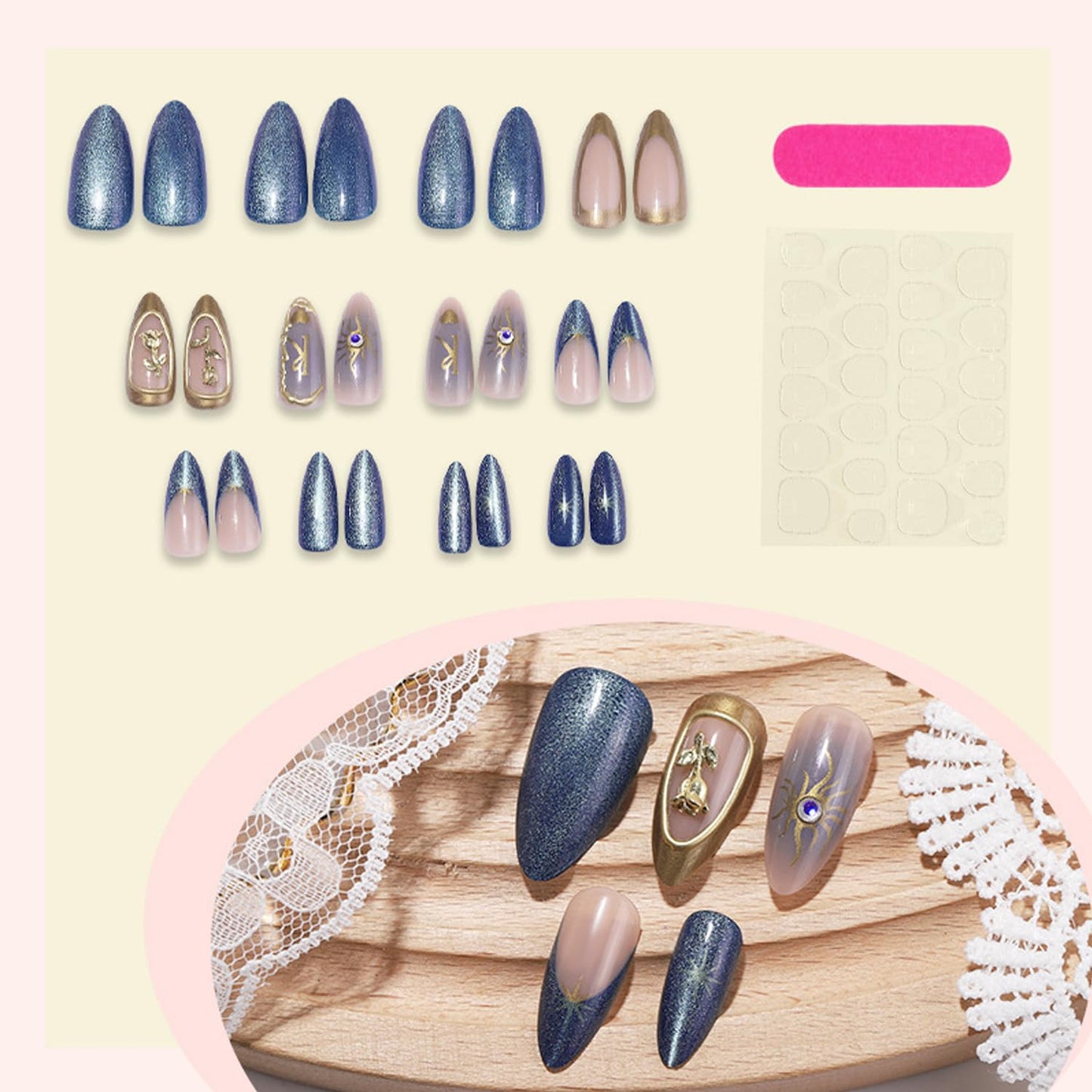 24Pcs Chrome Gold Press on Nails Medium Almond French Fake Nails with 3D Gold Rose Flower Gilded Line Design Sun Star False Nails Blue Glitter Full Cover Heart Glossy Acrylic Stick on Nails for Women