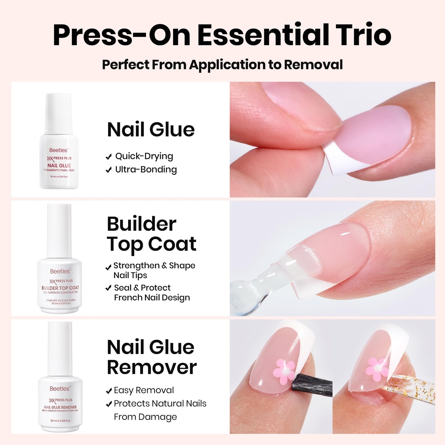 Beetles Fast Dry Nail Glue, Builder Top Coat & Remover Set, Strong Hold & High Shine for Press-On Nails and French Tips, DIY Gift for Women
