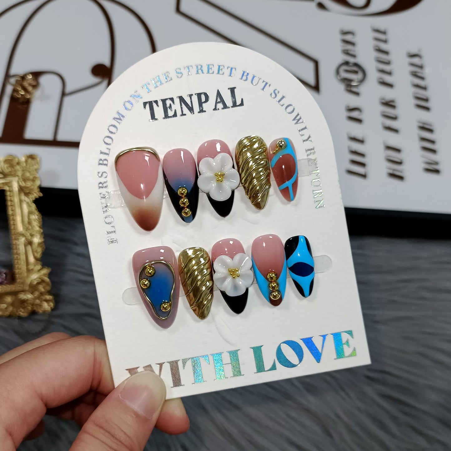 TENPAL 10Pcs Handmade Press On Nails With Tools,Gold & Blue French Tip Fake Nails Almond with 3D Floral Metal Charms,Glossy Thick Glue on Nails,Blushing Salon Acrylic Nails for Wedding Party(S)
