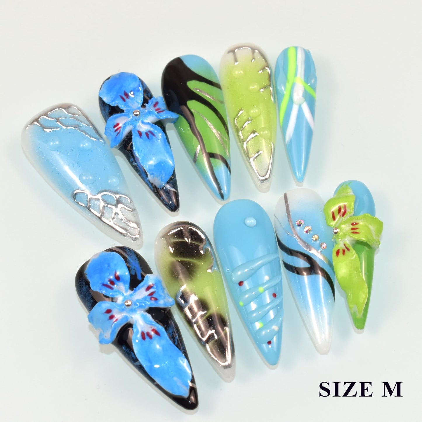LIFOOST Handmade Press On Nails Long, Blue Press On Nails Stiletto, Carving Flowers 3D Nails with Rhinestones
