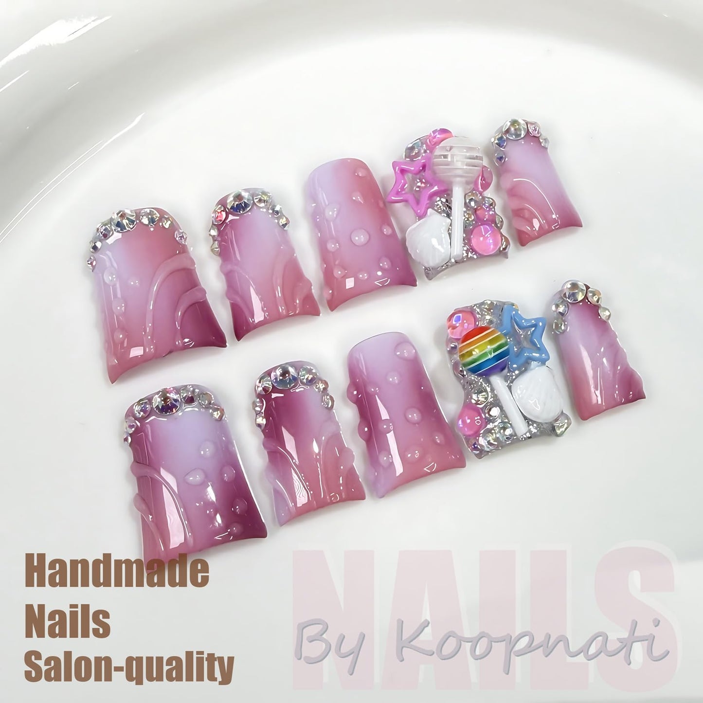 Handmade 3D Nail Art Press Ons Homemade Press On Nails French Tip With 3D Pink Star Flower Design Fake Nail For Women M