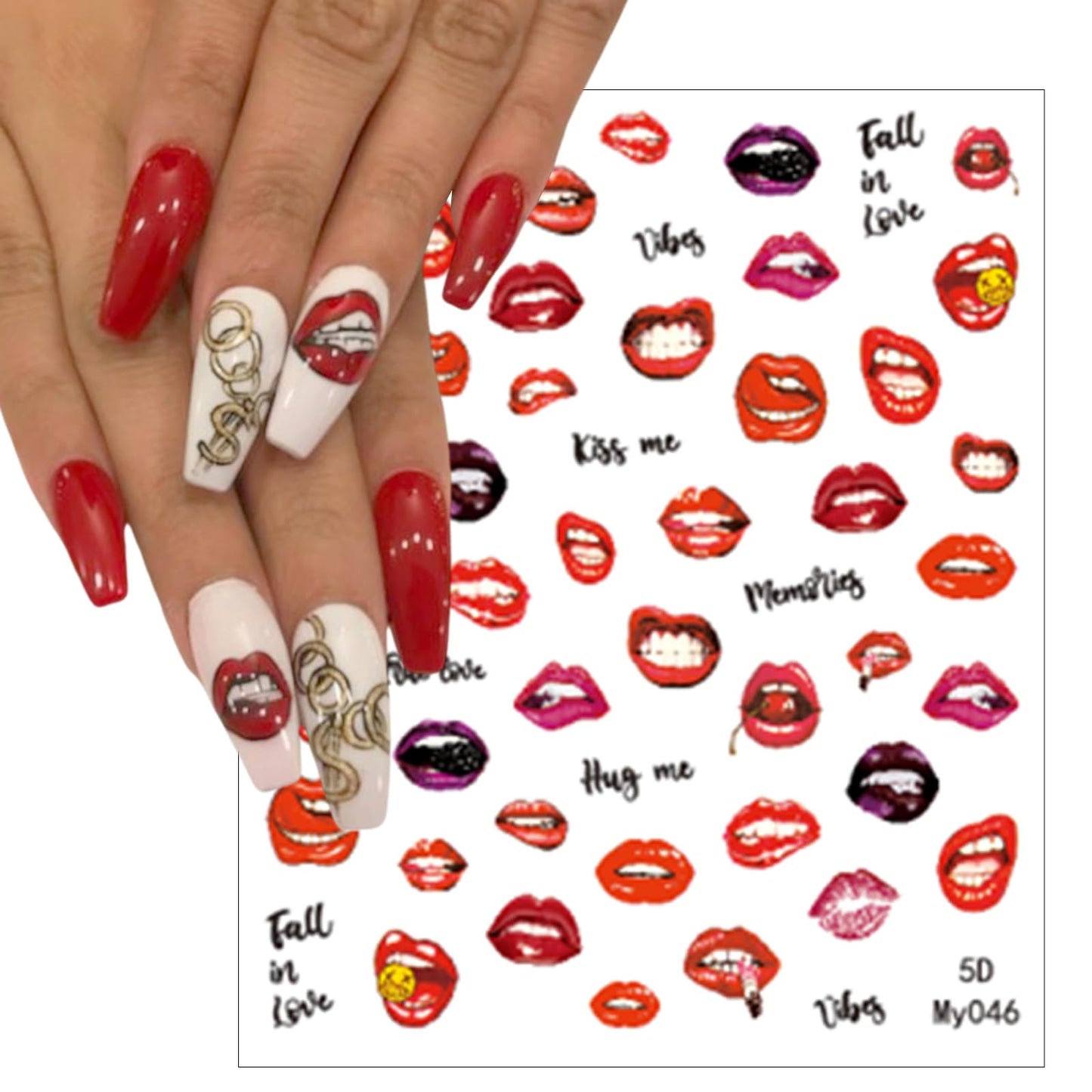 3 Sheets Embossed Valentine's Day Lips Nail Art Stickers 5D Self-Adhesive Sexy Red Lips Nail Decals Suitable for Women's Nail Art Decoration