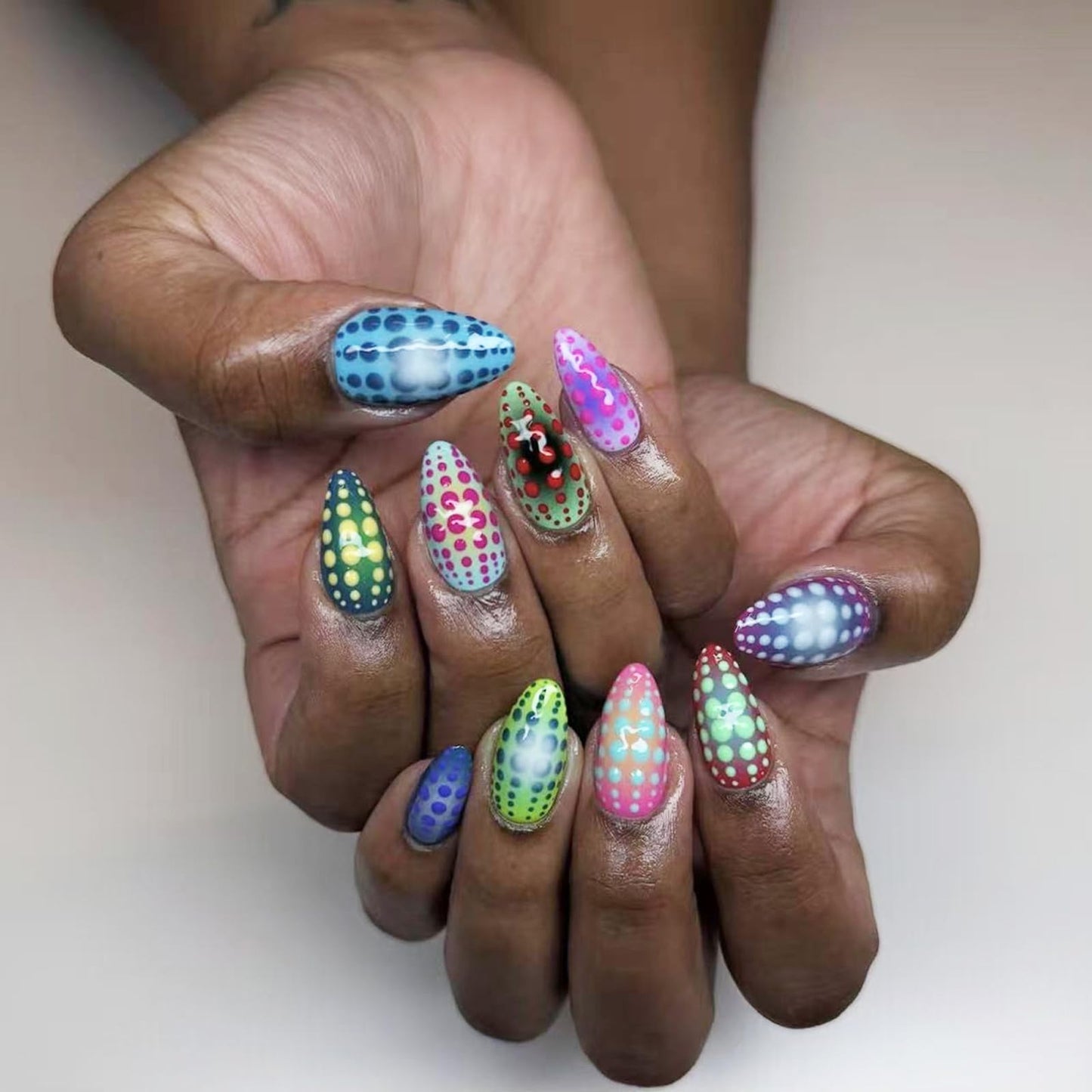 IMRAIN Medium Press on Nails Almond Fake Nails Colorful Ombre False Nails with Polka Dot Design Glossy Glue on Nails Full Cover Y2K Cute Artificial Acrylic Nail Supplies for Women