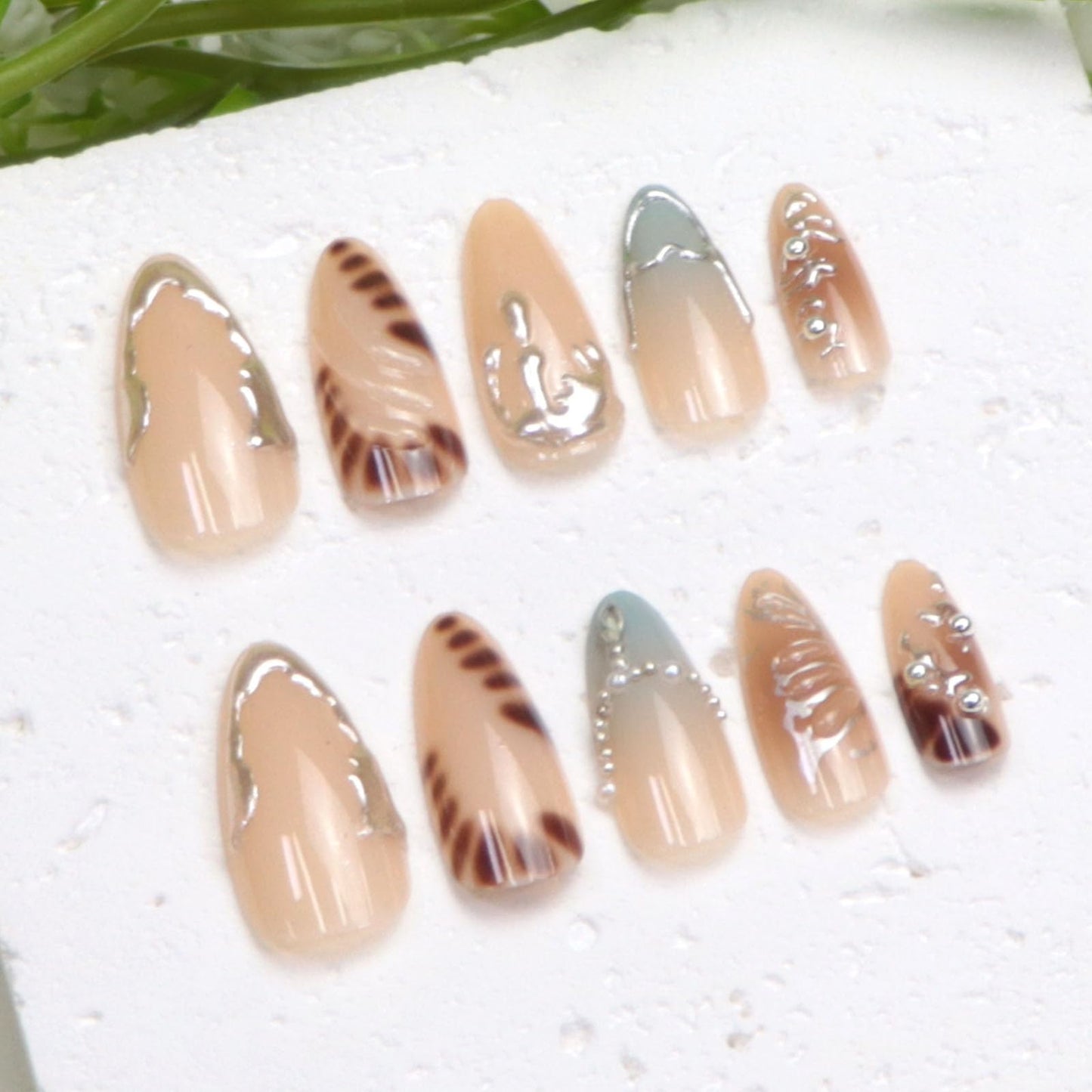 Almond Press on Nails Medium Fake Nails with 3D Water Ripples Butterflies Pearls Rhinestones Hearts Ombre Designs Glossy Glue on Nails Press ons Nude Full Cover Stick on Nails for Women 24Pcs