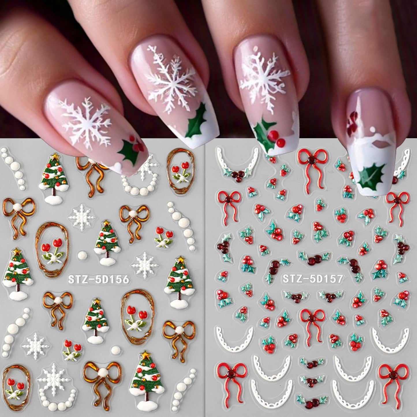 3pcs Christmas Nail Art Stickers 5D Embossed Nail Decals White Snowflakes Christmas Tree, Bow, Holly Adhesive Nail Stickers Snow with Rhinestones Design Xmas Nail Supplies Manicure Accessories