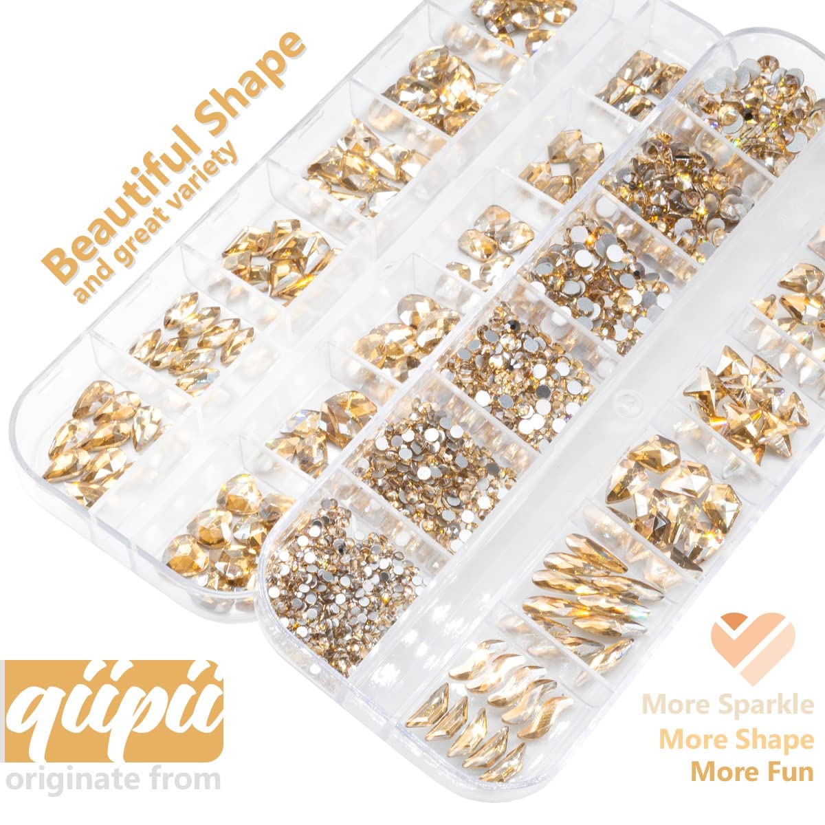 qiipii 24 Styles Champagne Gold Nail Rhinestones Multi Shapes K9 Glass Flatback Crystals Gems Round Beads Stones Diamonds Jewels Nail Art Charms Supplies for Nails Face Eyes Makeup Crafts Clothes