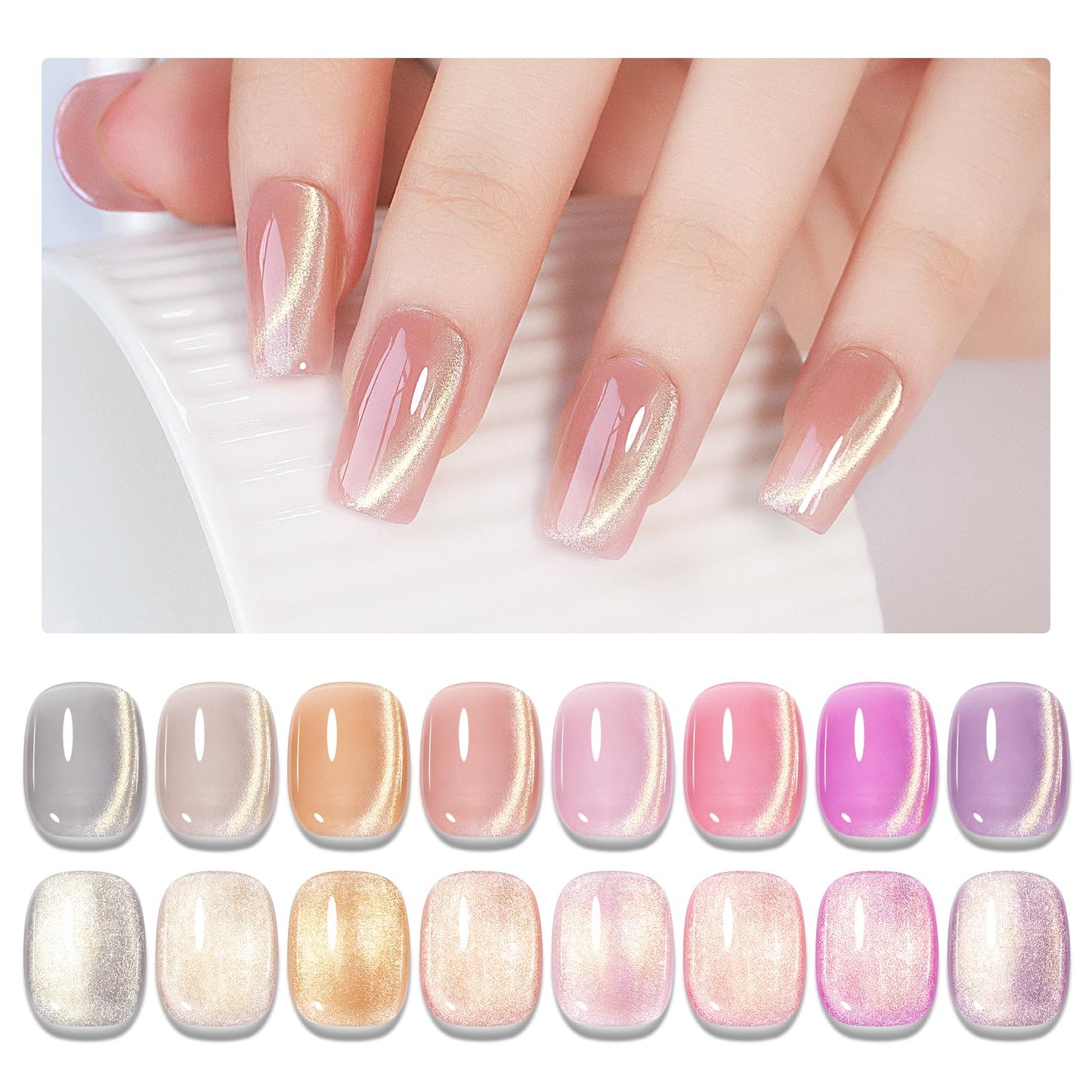 MIZHSE Cat Eye Gel Nail Polish, 8 Colors Glass Magnetic Gel Polish Set with Magnet Stick, Crystal Jelly Pink Purple Colors with Gradual Gold Cat Eye Effect Nail Gel Soak Off Nail Art Valentine's Gift