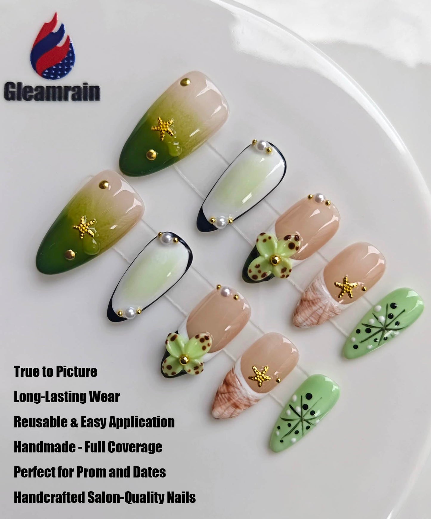 Gleamrain Almond Medium Handmade Press on Nails for Women, Handcrafted Floral Design Green Reusable Full Cover Fake Nail for Daily Wear Summer Vacation Use Set D304