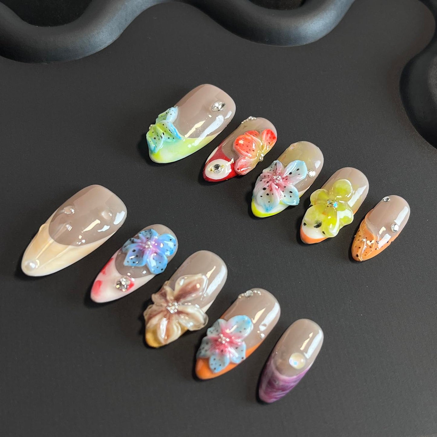 Luxury Press on Nails Medium Almond Handmade 3D Unique Reusable ABS Material Fake Nails French Tip False Nails with Designs Rhinestones Flower Art Petal Glossy Glue on Nails Thick Acrylic Nails(M)