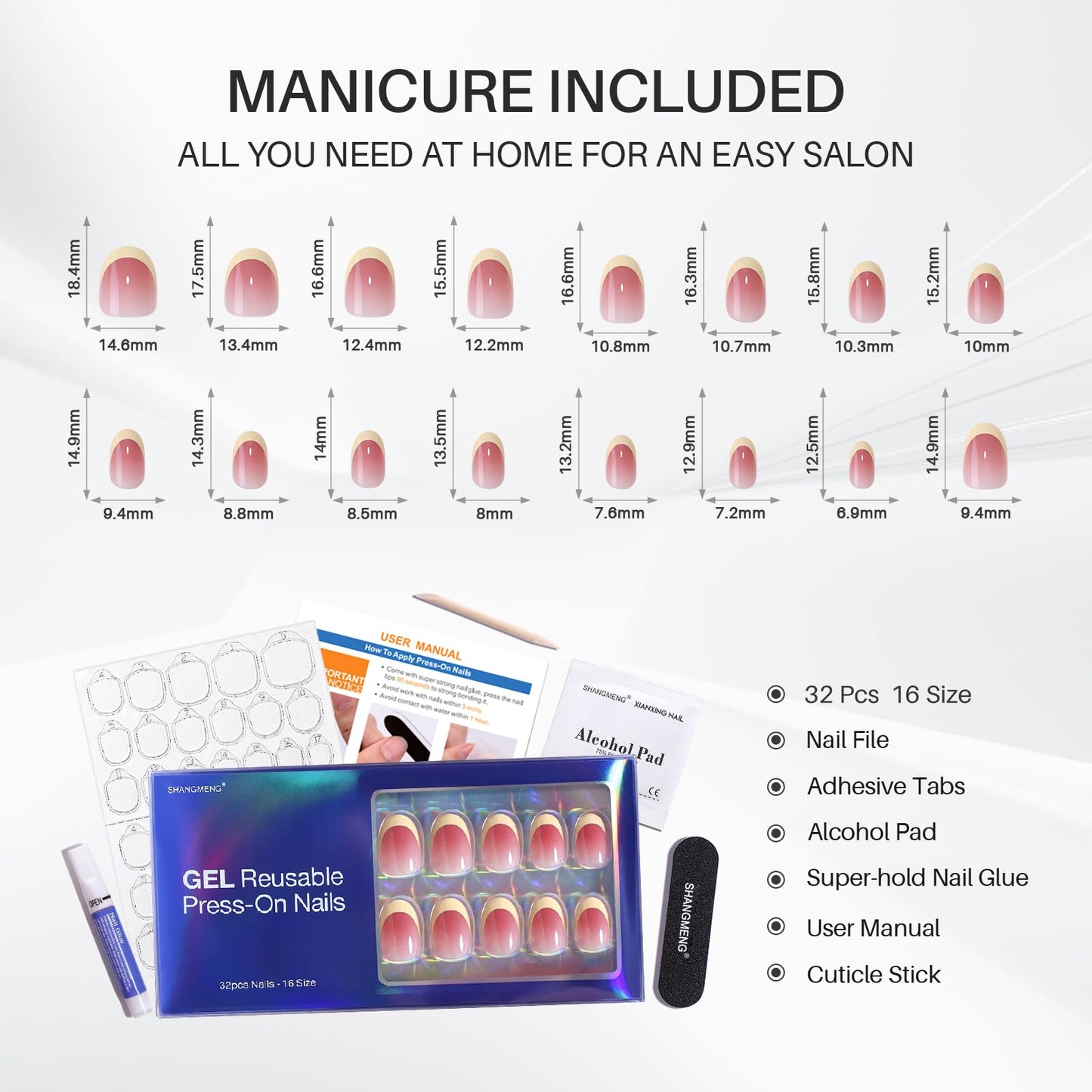 Oval Press on Nails Short - SHANGMENG Off White French Tip Nails in a Pink Ombre Finish for Women Gift, Glue on Nails in 16 Sizes - 32 Reusable Soft Gel Fake Nails Kit with Glue, Ombre French