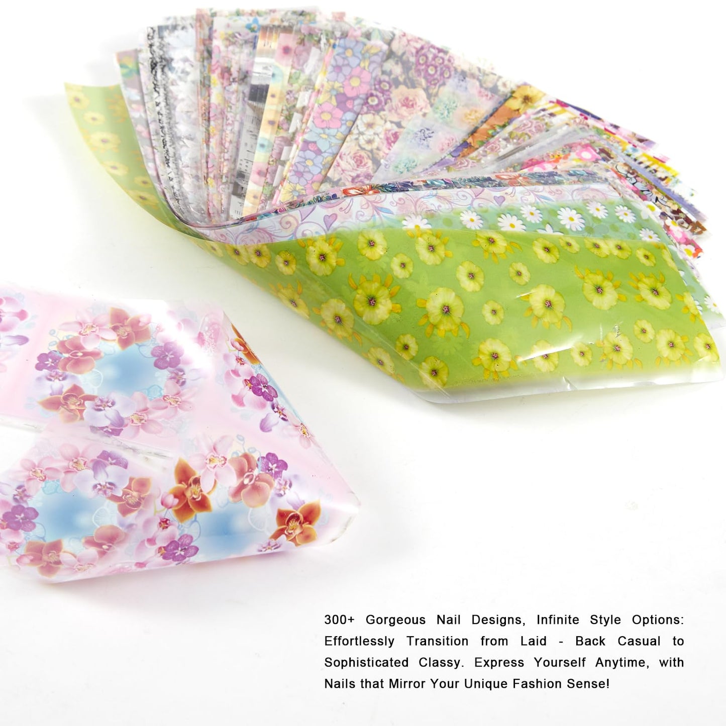 SILPECWEE 300Pcs Flowers Nail Foil, Holographic Nail Art Foil Flower Transfer Foils Paper 3D Floral Nails Stickers Fingernail Wraps Decals Manicure Design Kit Nails Decoration