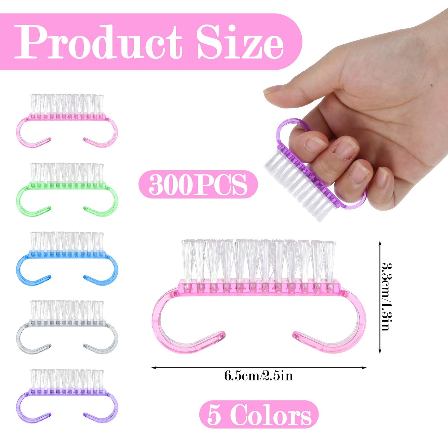 300 Pcs Handle Grip Nail Brush Bulk, 5-Color Nail Scrub Brushes for Toes and Fingernails Cleaner, Pedicure & Manicure Scrubbing Kit for Men and Women